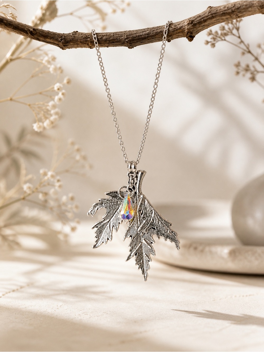 Boho Antique Silver Maple Leaf & Crystal Drop Artisan Pendant Necklace
18”+ 2”